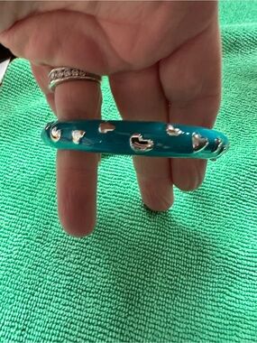 Blue Heart Cutout Resin Bangle Bracelet rhinestone on opposite side